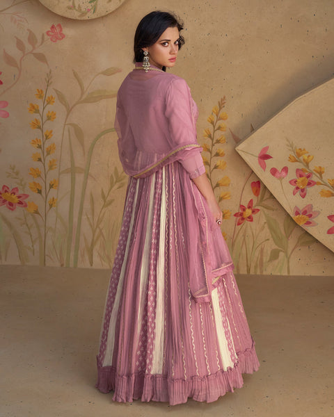 Rose Pink Floor Length Sequinced Anarkali Kameez With Net Dupatta