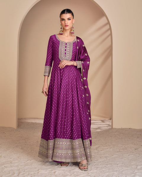 Purple Floor Length Jacquard Silk Zari Work Women Readymade Anarkali Gown With Embroidered Dupatta