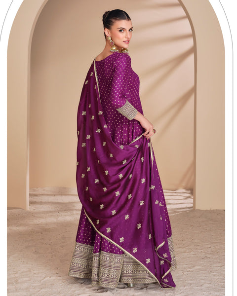 Purple Floor Length Jacquard Silk Zari Work Women Readymade Anarkali Gown With Embroidered Dupatta