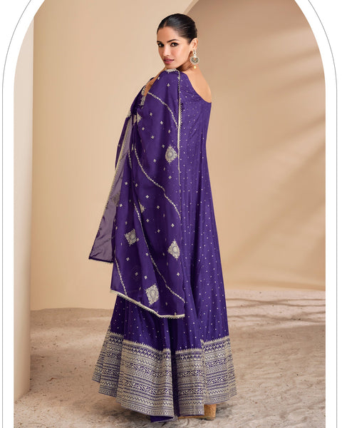 Blue Floor Length Jacquard Silk Zari Work Women Readymade Anarkali Gown With Embroidered Dupatta