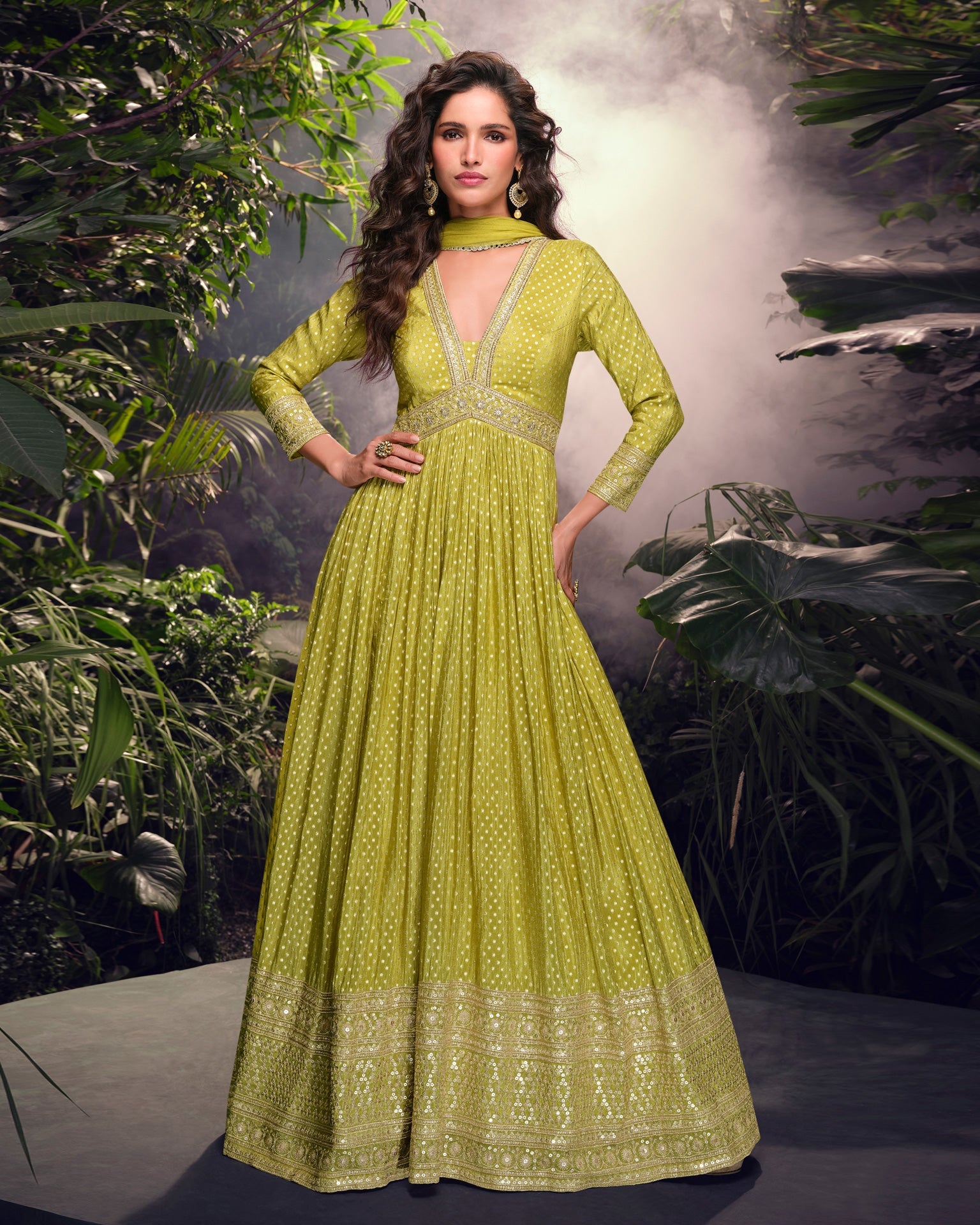 Green Viscose Jacquard Silk Floor Length Anarkali Kameez With Net Dupatta