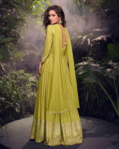 Green Viscose Jacquard Silk Floor Length Anarkali Kameez With Net Dupatta