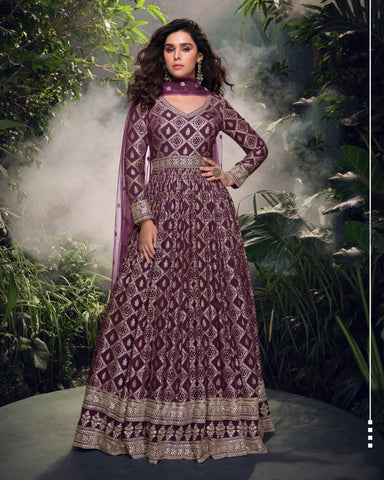 Purple Viscose Jacquard Silk Floor Length Anarkali Kameez With Net Dupatta