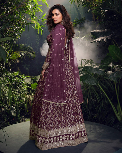 Purple Viscose Jacquard Silk Floor Length Anarkali Kameez With Net Dupatta