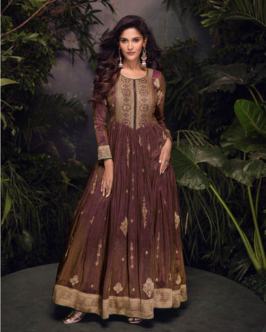 Brown Viscose Jacquard Silk Floor Length Anarkali Kameez With Net Dupatta