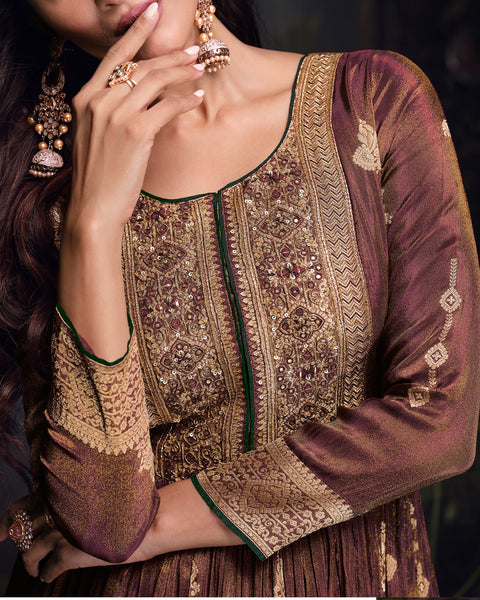 Brown Viscose Jacquard Silk Floor Length Anarkali Kameez With Net Dupatta