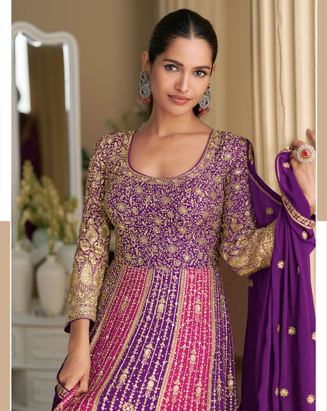 Purple Pink Georgette Women Readymade Anarkali Gown With Dupatta