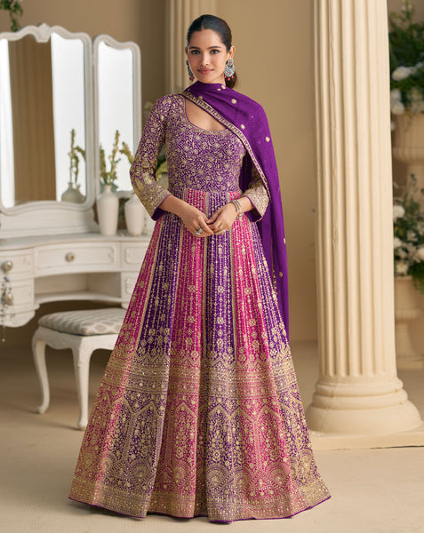 Purple Pink Georgette Women Readymade Anarkali Gown With Dupatta