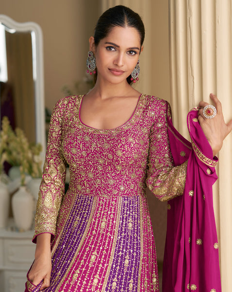 Pink Purple Georgette Women Readymade Anarkali Gown With Dupatta
