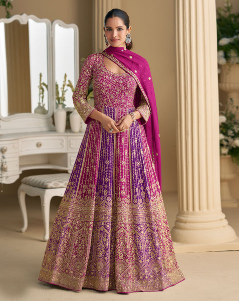 Pink Purple Georgette Women Readymade Anarkali Gown With Dupatta