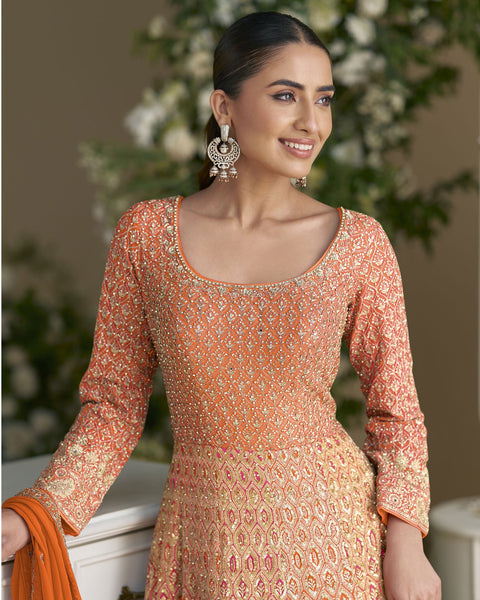 Orange Pink Georgette Women Readymade Anarkali Gown With Dupatta