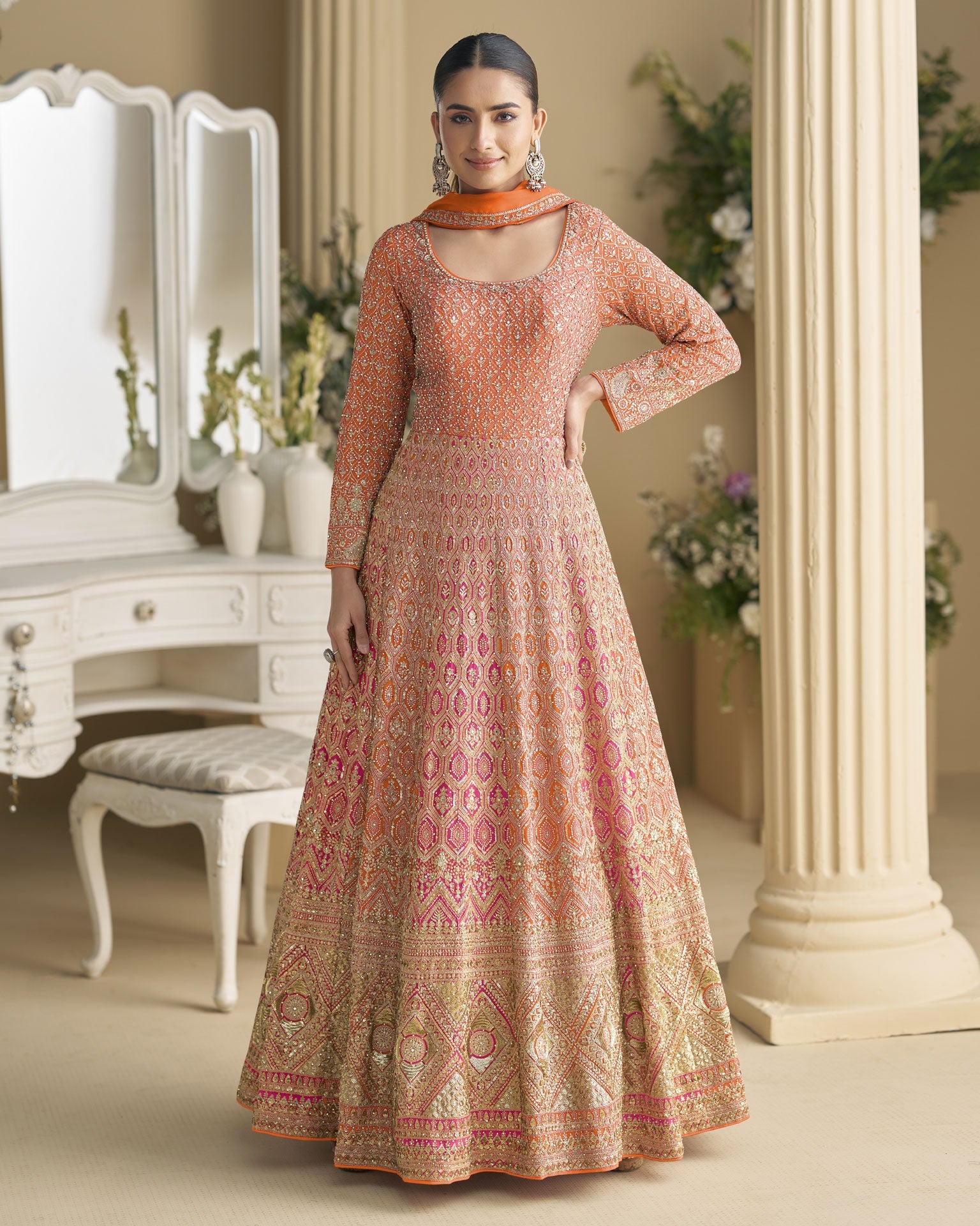 Orange Pink Georgette Women Readymade Anarkali Gown With Dupatta