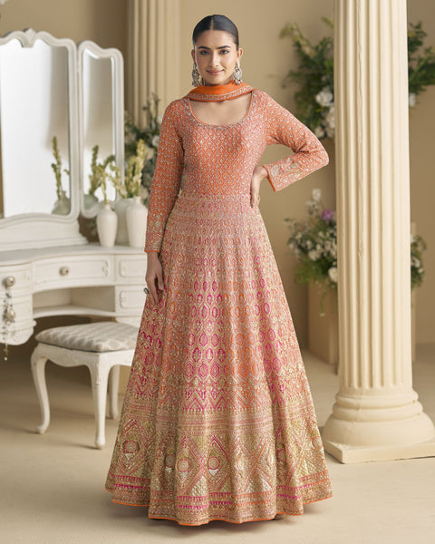 Orange Pink Georgette Women Readymade Anarkali Gown With Dupatta