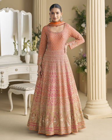 Orange Pink Georgette Women Readymade Anarkali Gown With Dupatta