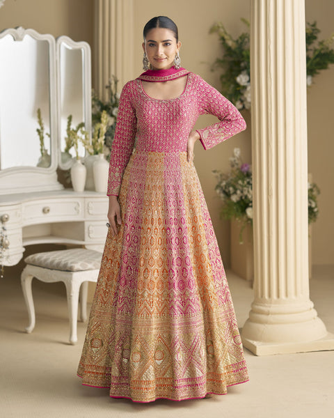 Pink Orange Georgette Women Readymade Anarkali Gown With Dupatta