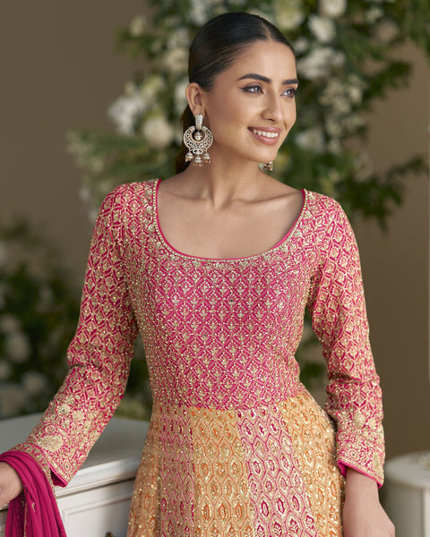 Pink Orange Georgette Women Readymade Anarkali Gown With Dupatta