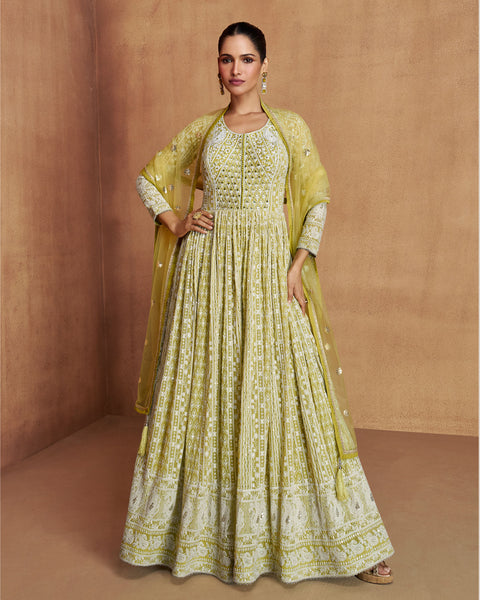 Green Thread Mirror Work Women Real Georgette Readymade Anarkali Gown