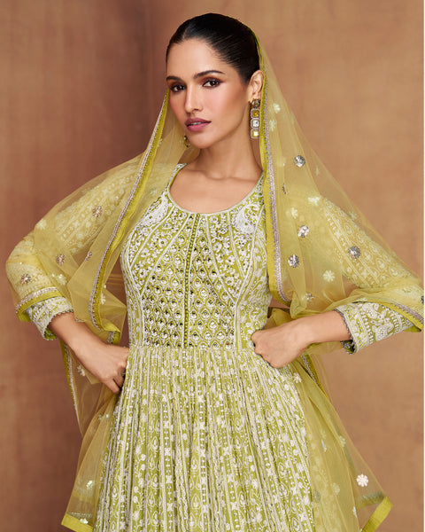 Green Thread Mirror Work Women Real Georgette Readymade Anarkali Gown