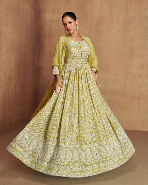 Green Thread Mirror Work Women Real Georgette Readymade Anarkali Gown