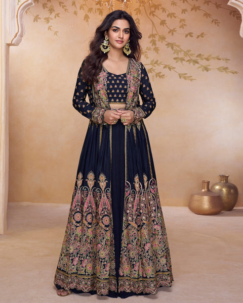 Blue Georgette Zari Thread Work Women Readymade Crop Top Lehenga With Jacket