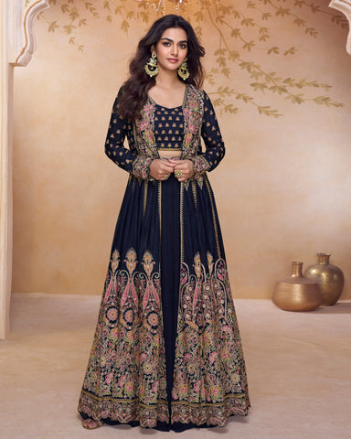 Blue Georgette Zari Thread Work Women Readymade Crop Top Lehenga With Jacket