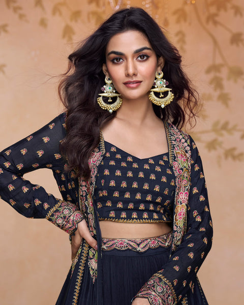 Blue Georgette Zari Thread Work Women Readymade Crop Top Lehenga With Jacket