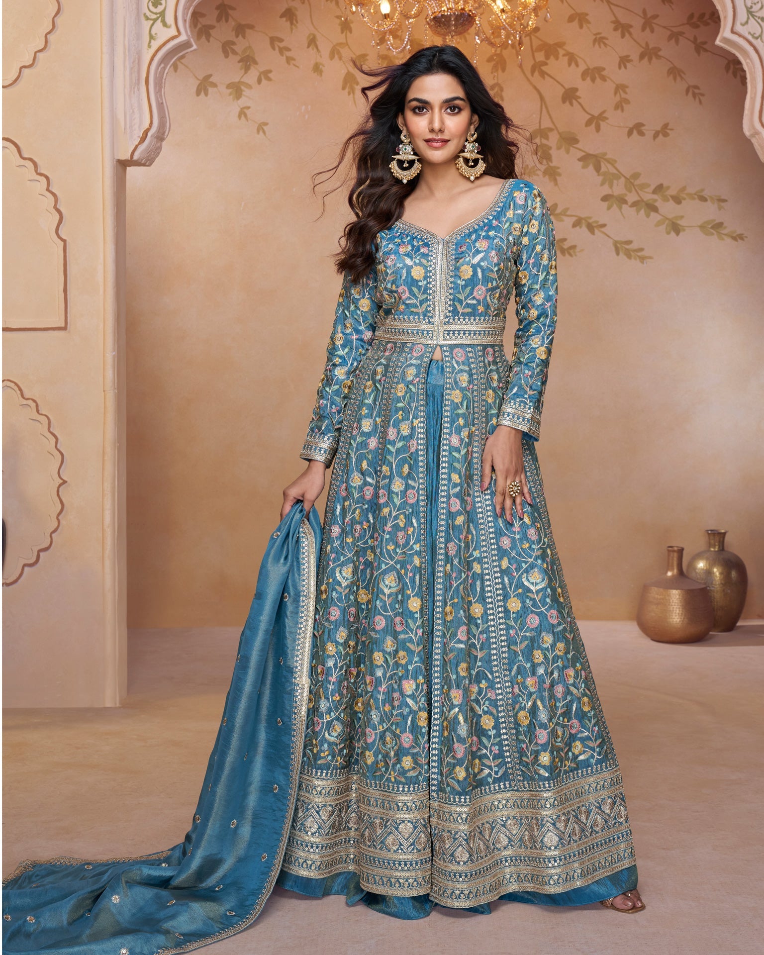 Blue Simar Silk Thread & Sequins Work Women Readymade Anarkali Lehenga Suit