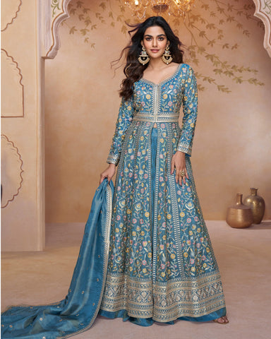 Blue Simar Silk Thread & Sequins Work Women Readymade Anarkali Lehenga Suit
