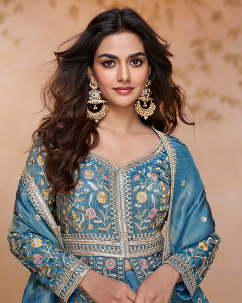 Blue Simar Silk Thread & Sequins Work Women Readymade Anarkali Lehenga Suit