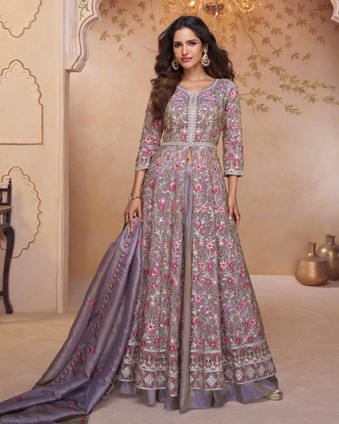 Lavender Simar Silk Thread & Sequins Work Women Readymade Anarkali Lehenga Suit