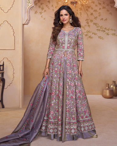 Lavender Simar Silk Thread & Sequins Work Women Readymade Anarkali Lehenga Suit