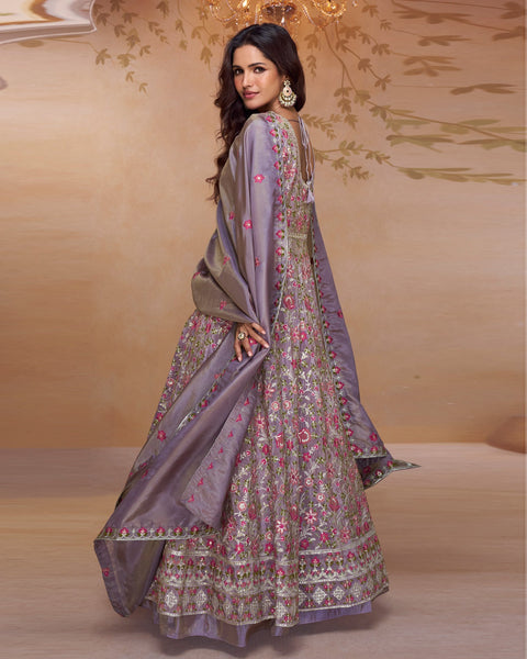 Lavender Simar Silk Thread & Sequins Work Women Readymade Anarkali Lehenga Suit