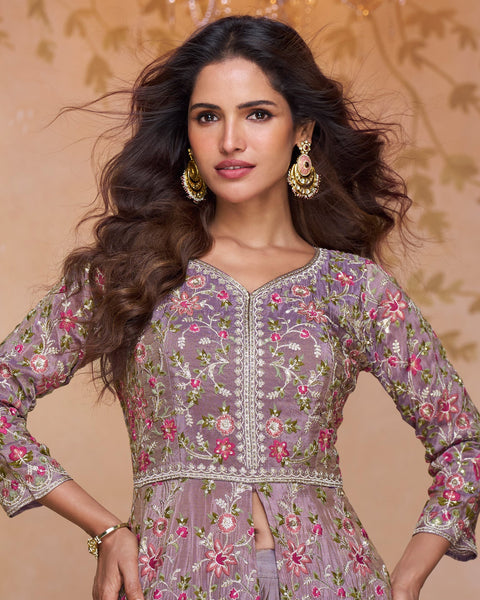 Lavender Simar Silk Thread & Sequins Work Women Readymade Anarkali Lehenga Suit