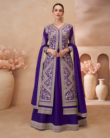 Blue Zari Work Chinnon Silk Women Readymade Anarkali Lehenga Suit