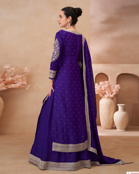Blue Zari Work Chinnon Silk Women Readymade Anarkali Lehenga Suit