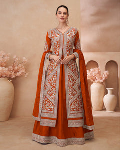 Rust Zari Work Chinnon Silk Women Readymade Anarkali Lehenga Suit