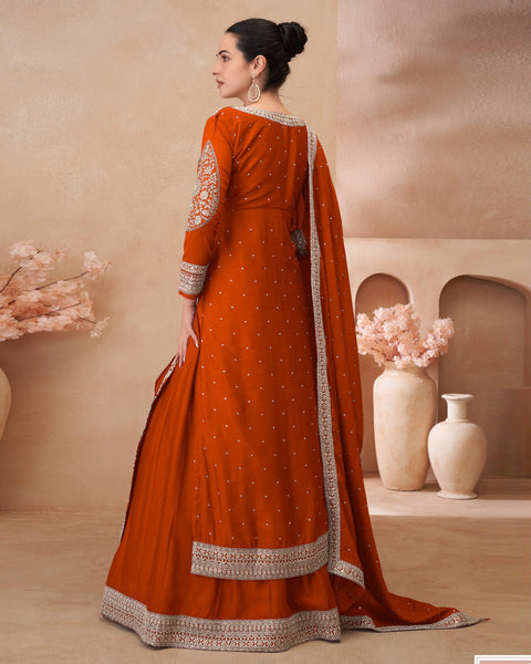 Rust Zari Work Chinnon Silk Women Readymade Anarkali Lehenga Suit