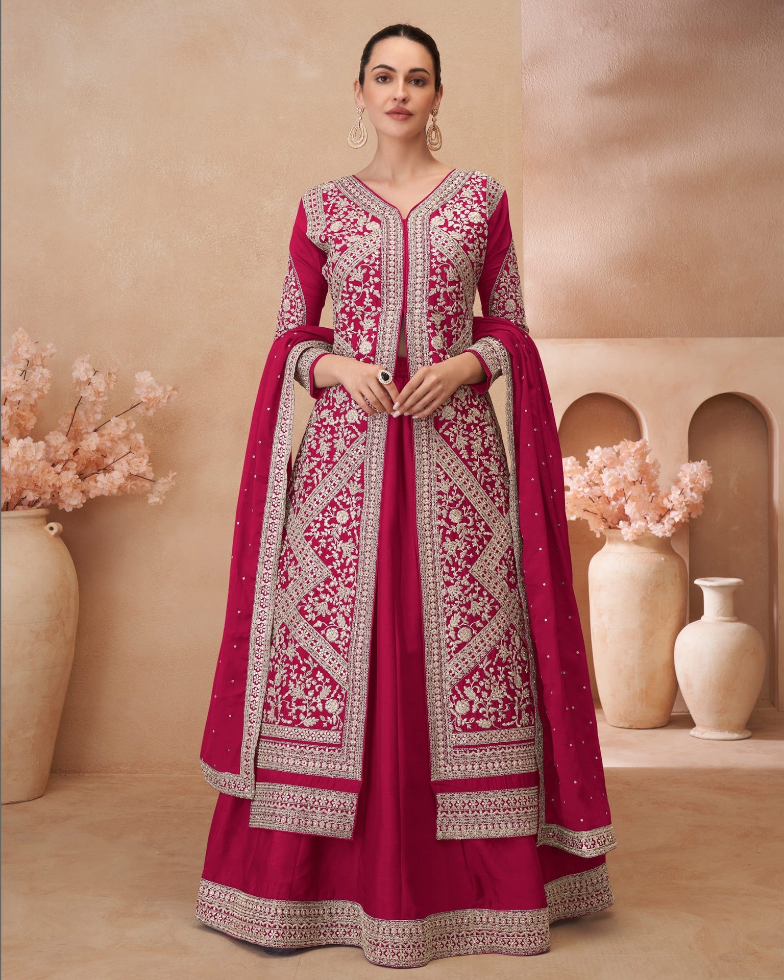 Pink Zari Work Chinnon Silk Women Readymade Anarkali Lehenga Suit