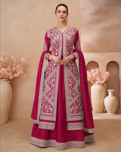 Pink Zari Work Chinnon Silk Women Readymade Anarkali Lehenga Suit