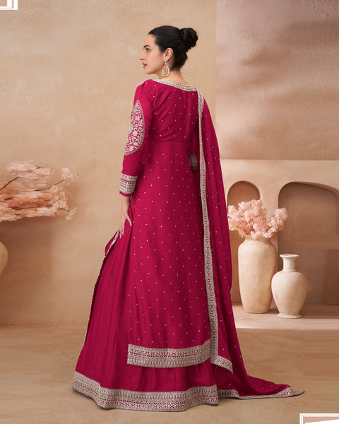 Pink Zari Work Chinnon Silk Women Readymade Anarkali Lehenga Suit