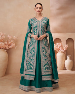 Peacock Zari Work Chinnon Silk Women Readymade Anarkali Lehenga Suit