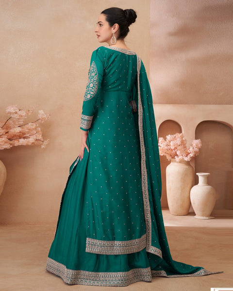 Peacock Zari Work Chinnon Silk Women Readymade Anarkali Lehenga Suit