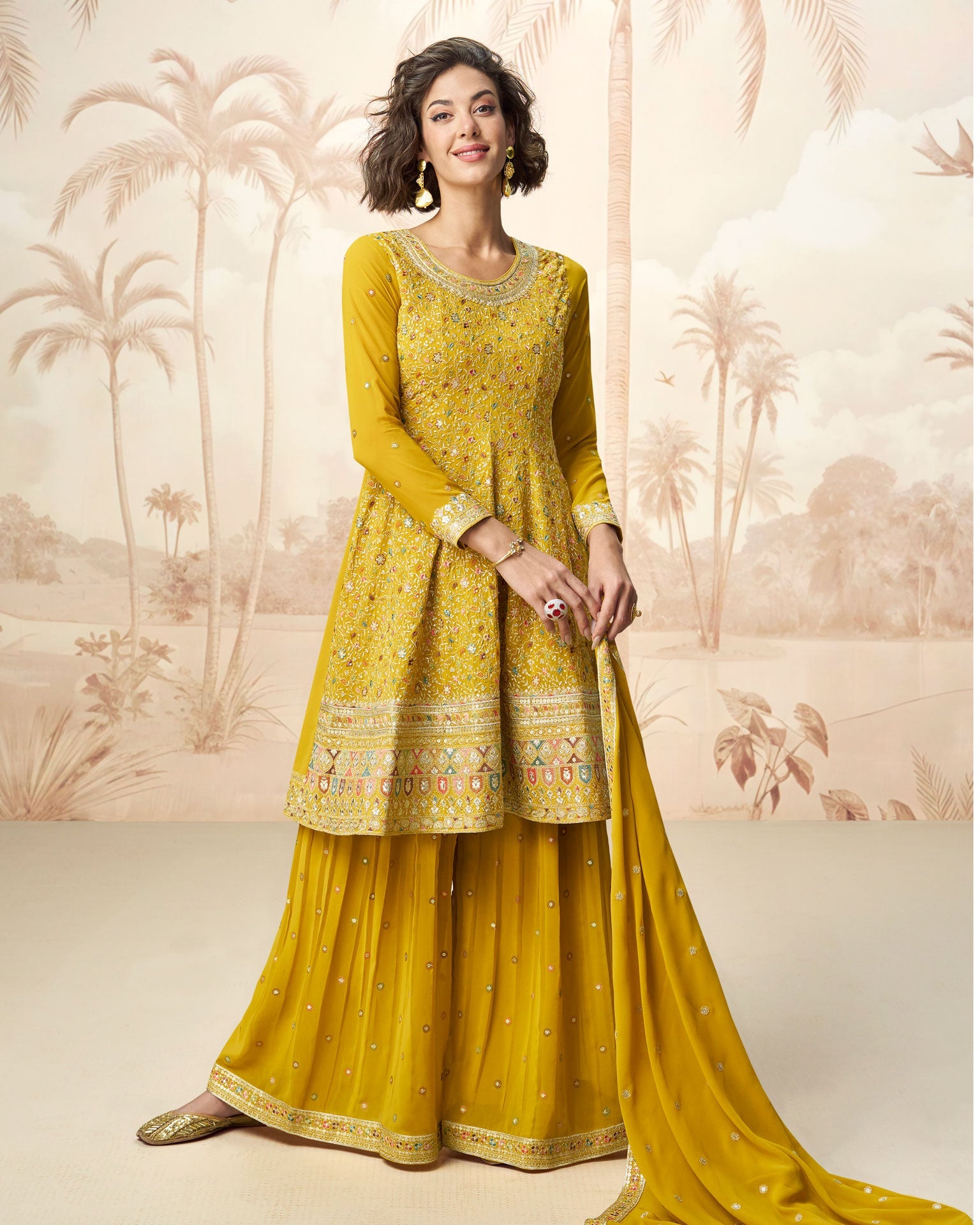 Yellow Pure Georgette Readymade Woman Frock Suit With Palazzo & Dupatta