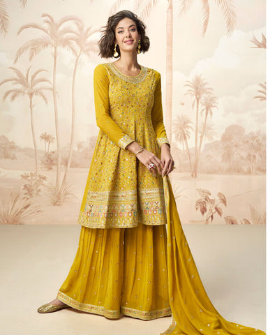 Yellow Pure Georgette Readymade Woman Frock Suit With Palazzo & Dupatta