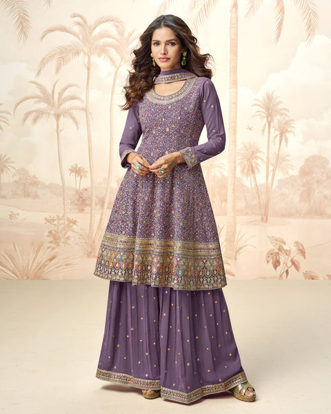 Purple Pure Georgette Readymade Woman Frock Suit With Palazzo & Dupatta