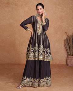 Black Chinnon Silk Readymade Frock Suit With Embroidered Palazzo