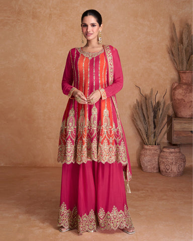 Red & Orange Kalidar Chinnon Silk Readymade Frock Suit With Embroidered Palazzo