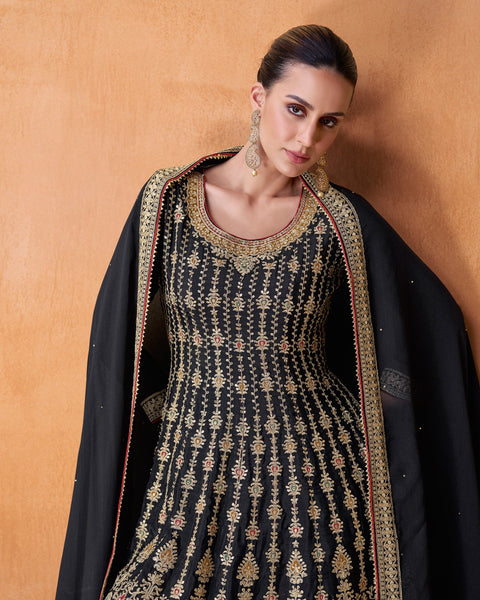Black Chinnon Silk Readymade Kalidar Frock Suit With Embroidered Palazzo