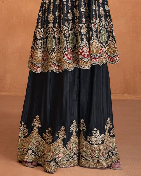 Black Chinnon Silk Readymade Kalidar Frock Suit With Embroidered Palazzo