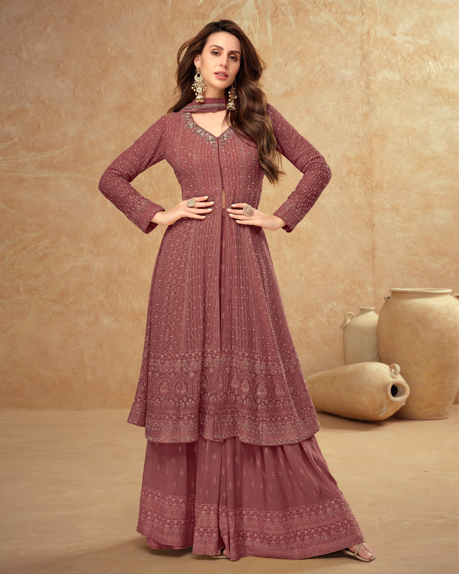 Brown Georgette Thread & Sequins Work Woman Readymade Frock Suit With Palazzo